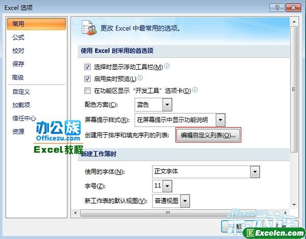 在常规选项卡中单击编辑自定义列表按钮