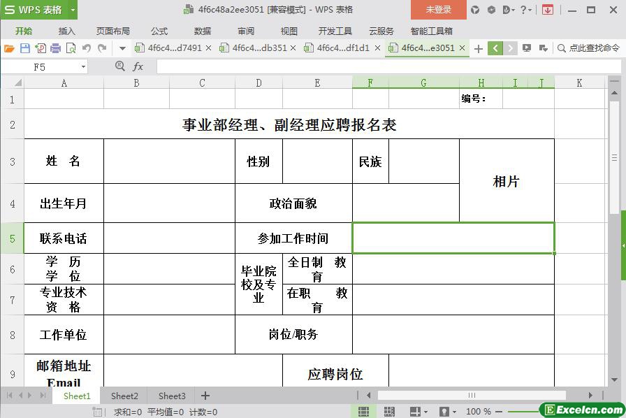 excel事业部经理、副经理应聘报名表模板